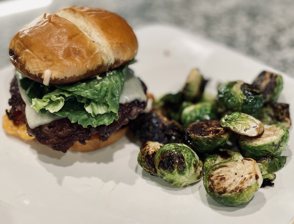 Smash Burger on Toasted Bun with Brussel Sprouts