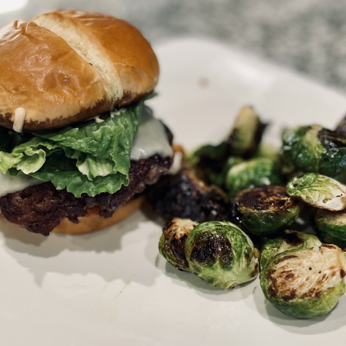 Smash Burger on Toasted Bun with Brussel Sprouts