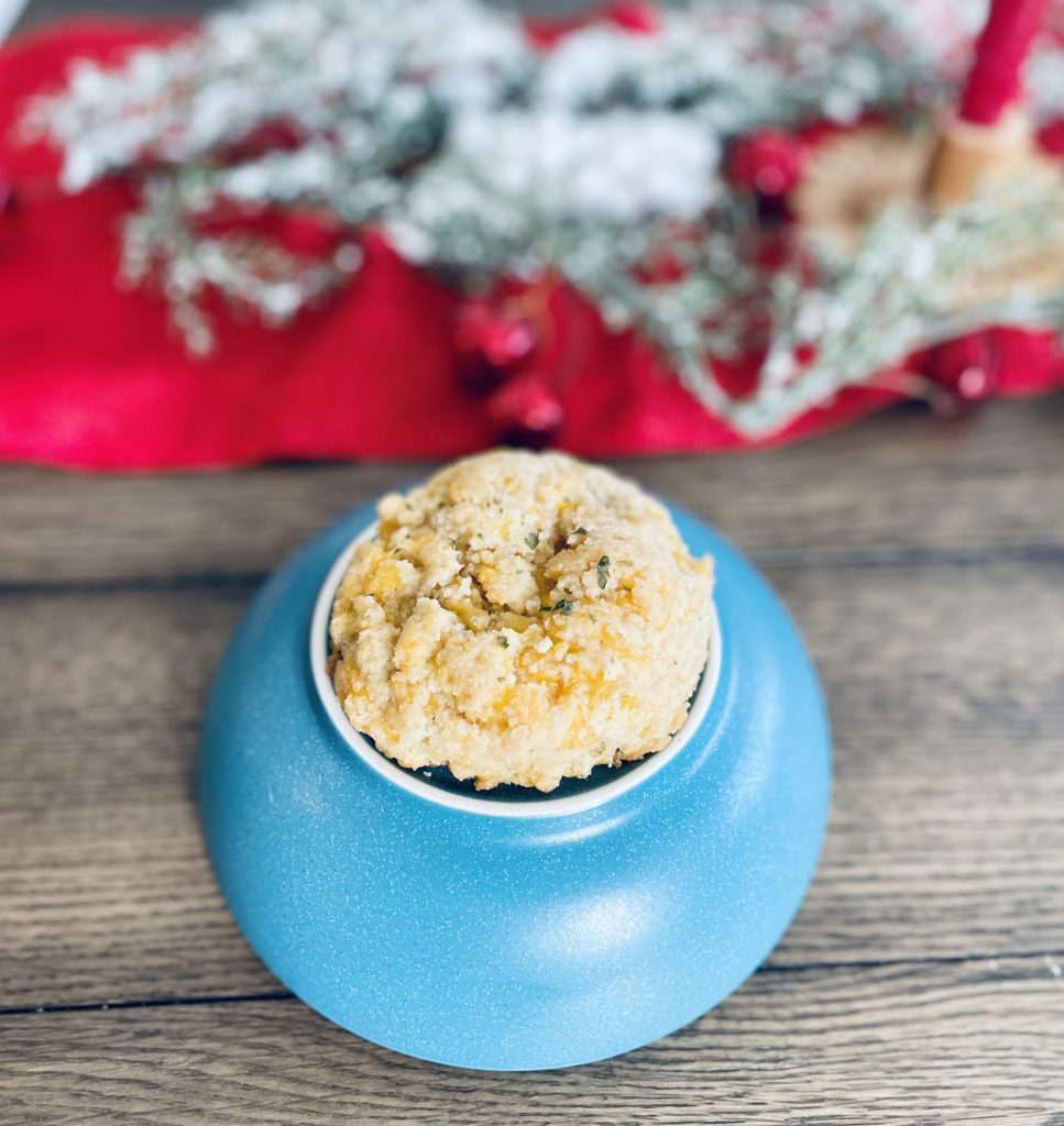 Almond flour biscuit on blue bowl