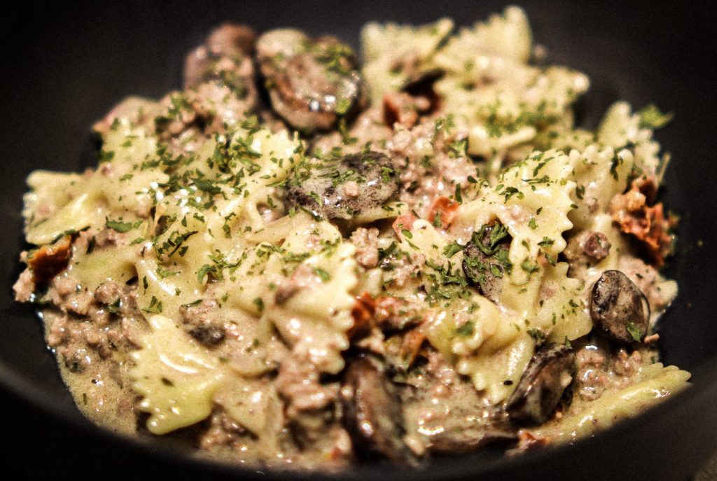 Beef Stroganoff in Black Serving Bowl