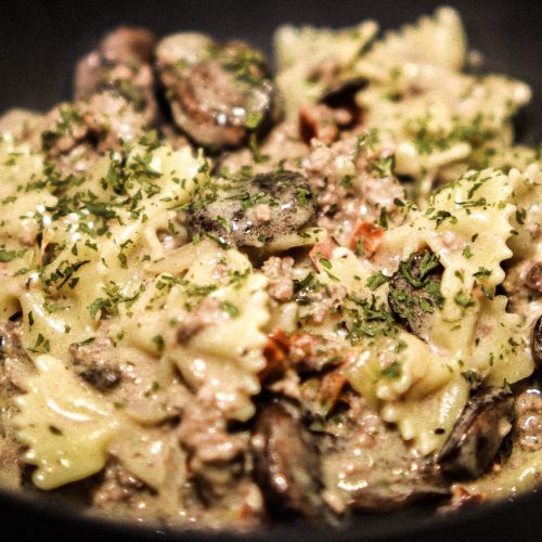 Beef Stroganoff in Black Serving Bowl