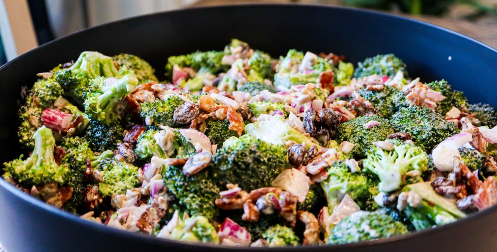 Finished Paleo Broccoli Salad in black bowl