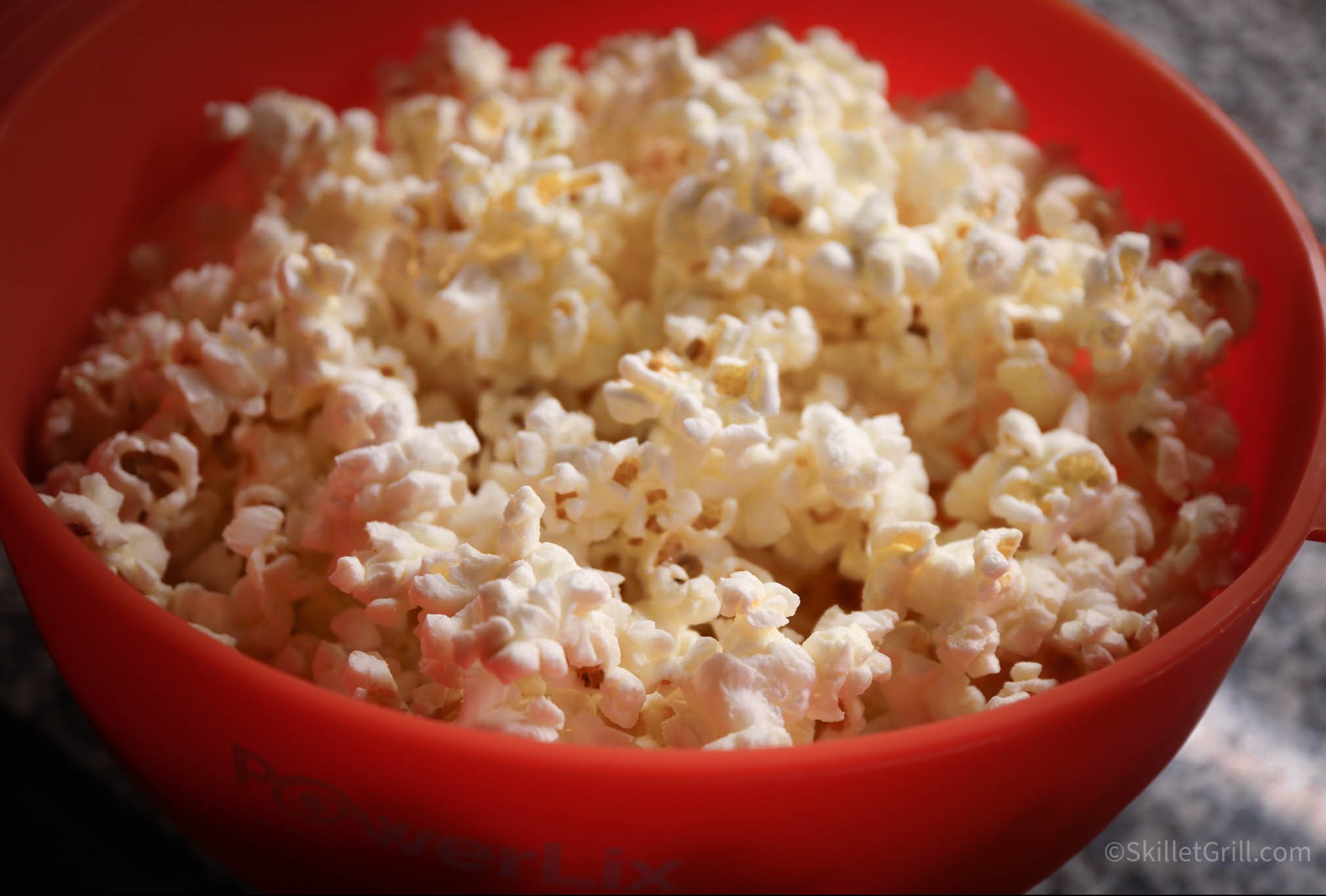 Popcorn in a red bowl