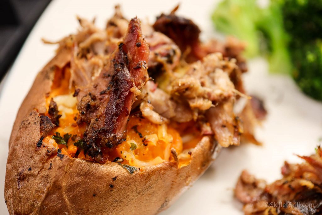 Twice Air Fried Sweet Potato on Plate with Pulled Pork and Broccoli