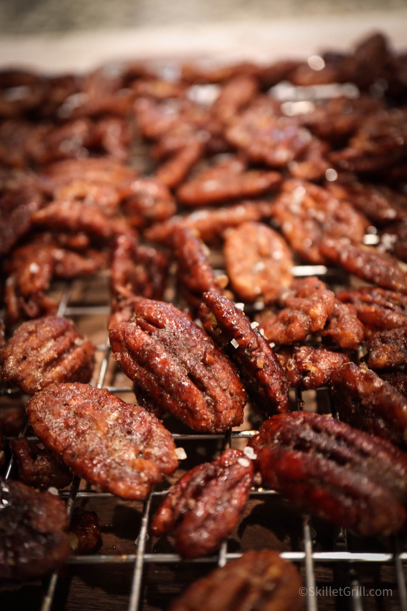 Close up of Smoked Candied Pecans on Cooling Rack