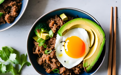 Asian-Inspired Beef Rice Bowl with Fried Egg and Avocado